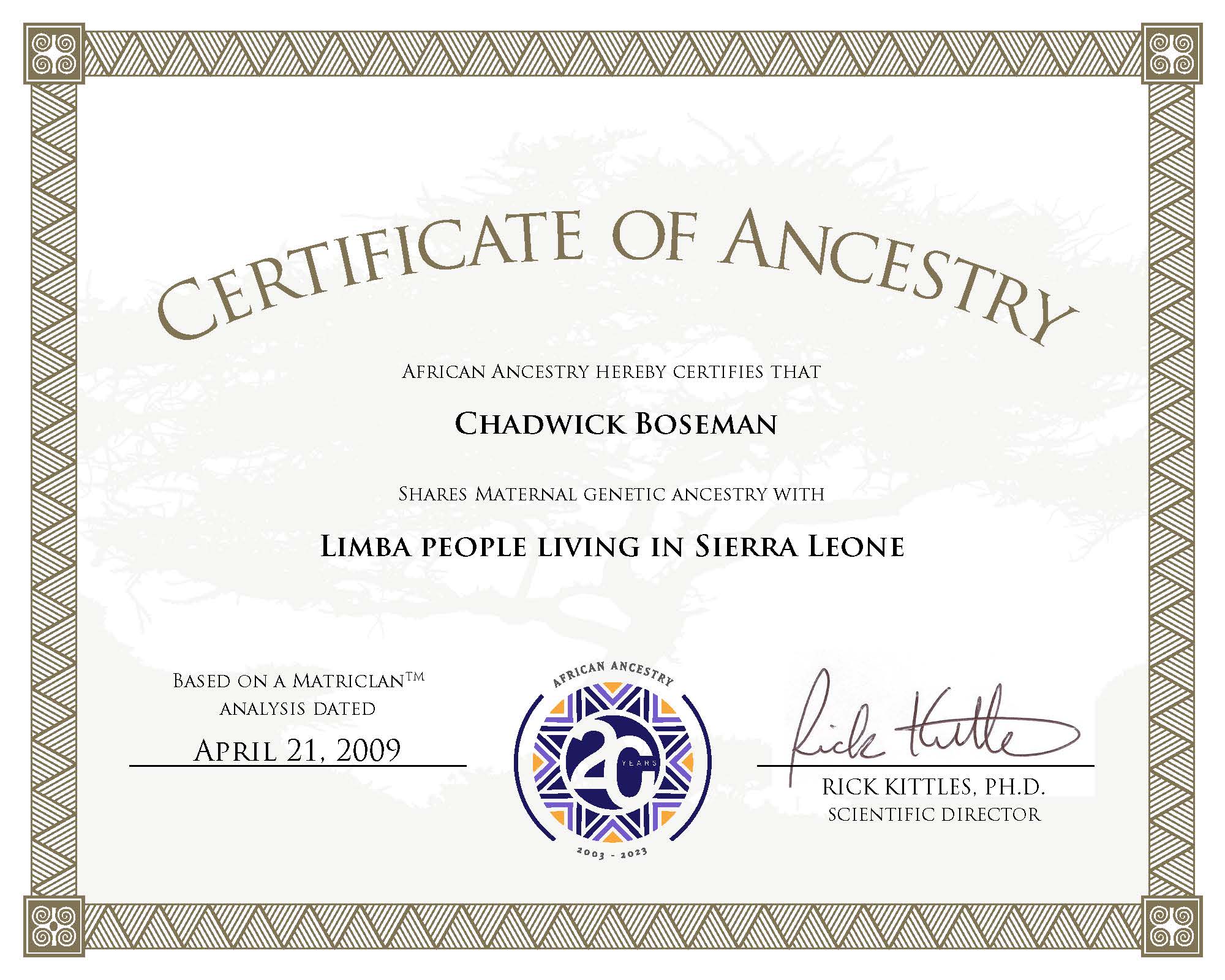 Printed Certificates for You and Family Members - African Ancestry