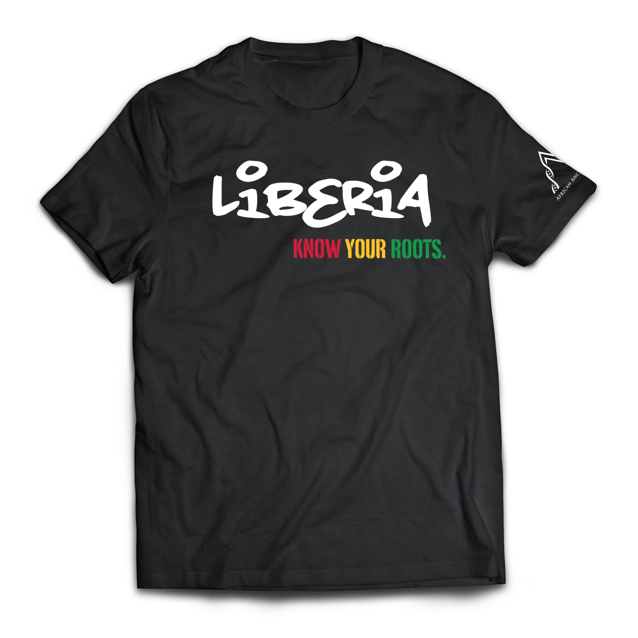African Ancestry Liberia T-Shirt with "Know Your Roots" written in African colors"
