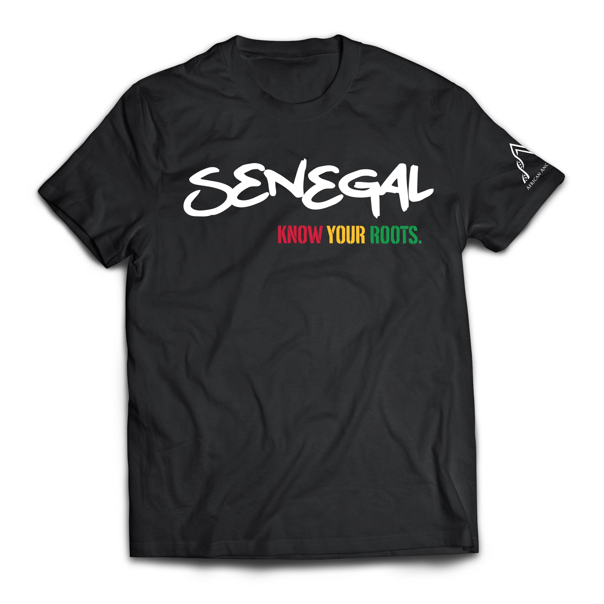 African Ancestry Senegal T-Shirt with "Know Your Roots" written in African colors"